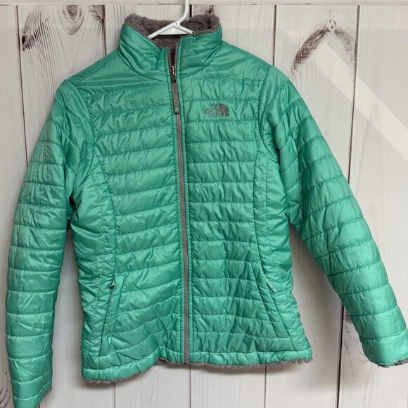 The North Face Girls Reversible Jacket XL (18) Teal/Gray Fuzzy EUC - Picture 1 of 11